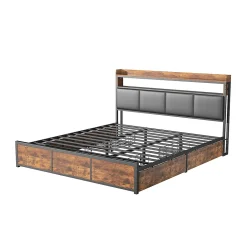 Lit double 180x200 cm en fer avec revêtement PU noir mat effet tigre, tête de lit avec rangement et barre LED