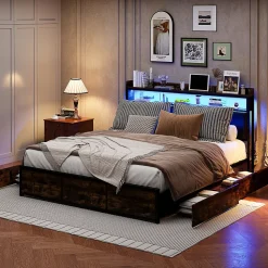 Lit double 180x200 cm en fer avec revêtement PU noir mat effet tigre, tête de lit avec rangement et barre LED