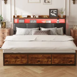 Lit double 180x200 cm en fer avec revêtement PU noir mat effet tigre, tête de lit avec rangement et barre LED