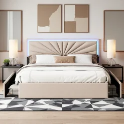 Lit double 160x200 cm en lin avec LED, sommier à lattes robuste, 4 tiroirs intégrés, design moderne pour 2 personnes