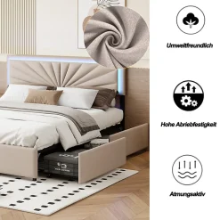 Lit double 160x200 cm en lin avec LED, sommier à lattes robuste, 4 tiroirs intégrés, design moderne pour 2 personnes