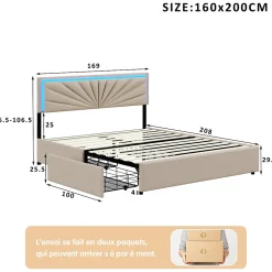 Lit double 160x200 cm en lin avec LED, sommier à lattes robuste, 4 tiroirs intégrés, design moderne pour 2 personnes