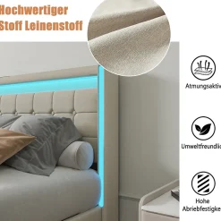 Lit double 140x190 cm en lin avec LED, USB, 4 tiroirs de rangement et sommier à lattes, facile à assembler, sans matelas, Beige