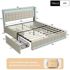 Lit double 140x190 cm en lin avec LED, USB, 4 tiroirs de rangement et sommier à lattes, facile à assembler, sans matelas, Beige