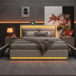 Lit double 140x190 cm en lin avec LED, USB, 4 tiroirs de rangement et sommier à lattes, facile à assembler, sans matelas, Beige