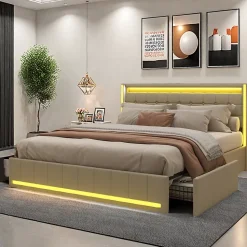 Lit double 140x190 cm en lin avec LED, USB, 4 tiroirs de rangement et sommier à lattes, facile à assembler, sans matelas, Beige