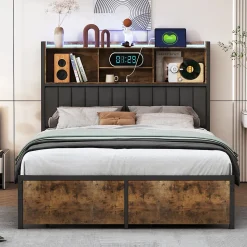 Lit double 140x200 cm en lin beige avec tête de lit LED, ports USB et Type-C, sommier à lattes et rangement intégré