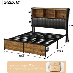 Lit double 140x200 cm en lin beige avec tête de lit LED, ports USB et Type-C, sommier à lattes et rangement intégré