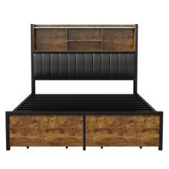 Lit double 140x200 cm en lin beige avec tête de lit LED, ports USB et Type-C, sommier à lattes et rangement intégré