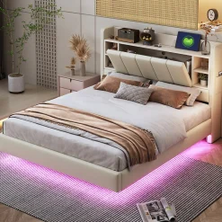 Lit double 140x200 cm en lin beige avec cadre métal, tête réversible avec étagères, port USB et bande lumineuse