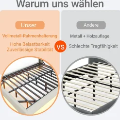 Lit double 140x200 cm en lin beige avec cadre métal, tête réversible avec étagères, port USB et bande lumineuse