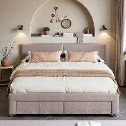 Lit double 160x200 cm en lin gris avec 2 tiroirs, tête de lit à poches latérales, rangements intégrés et LED