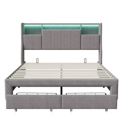Lit double 160x200 cm en lin gris avec 2 tiroirs, tête de lit à poches latérales, rangements intégrés et LED