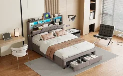 Lit double 160x200 cm en lin gris avec 2 tiroirs, tête de lit à poches latérales, rangements intégrés et LED