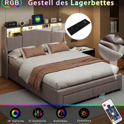 Lit double 160x200 cm en lin gris avec 2 tiroirs, tête de lit à poches latérales, rangements intégrés et LED
