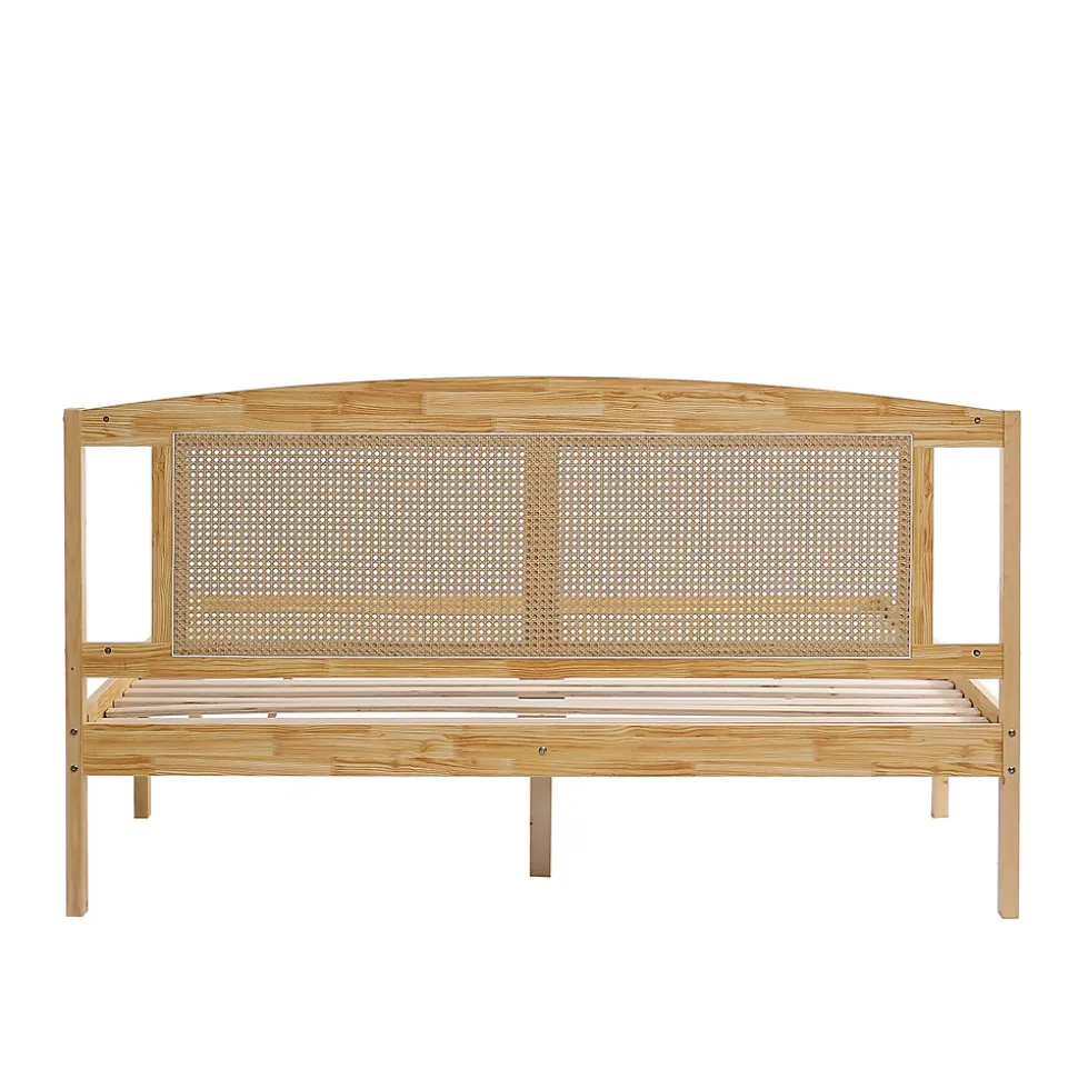 Lit Double 160x200 cm en Pin et Rotin PE avec Coussin, 15 Lattes et Pied Central, Lit pour Adolescents et Adultes
