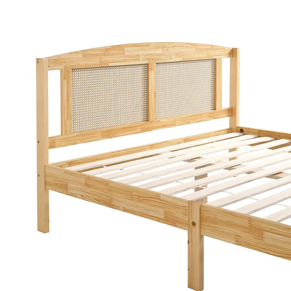 Lit Double 160x200 cm en Pin et Rotin PE avec Coussin, 15 Lattes et Pied Central, Lit pour Adolescents et Adultes