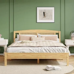 Lit Double 160x200 cm en Pin et Rotin PE avec Coussin, 15 Lattes et Pied Central, Lit pour Adolescents et Adultes