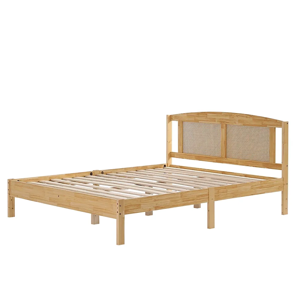 Lit Double 160x200 cm en Pin et Rotin PE avec Coussin, 15 Lattes et Pied Central, Lit pour Adolescents et Adultes