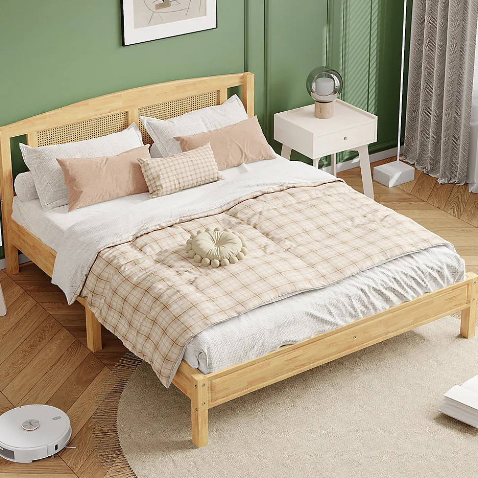 Lit Double 160x200 cm en Pin et Rotin PE avec Coussin, 15 Lattes et Pied Central, Lit pour Adolescents et Adultes