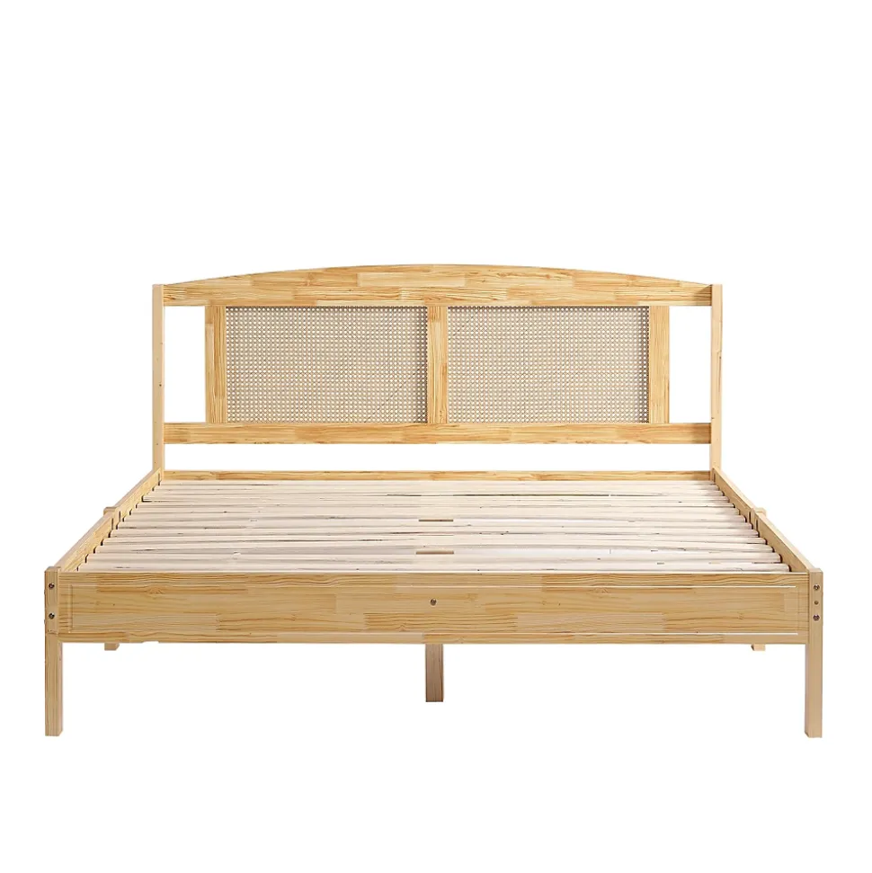 Lit Double 160x200 cm en Pin et Rotin PE avec Coussin, 15 Lattes et Pied Central, Lit pour Adolescents et Adultes