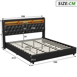 Lit double 180x200 cm en PU noir avec coffre à vérin, tête de lit LED, rangement pratique et ports USB EU intégrés