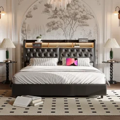 Lit double 180x200 cm en PU noir avec coffre à vérin, tête de lit LED, rangement pratique et ports USB EU intégrés