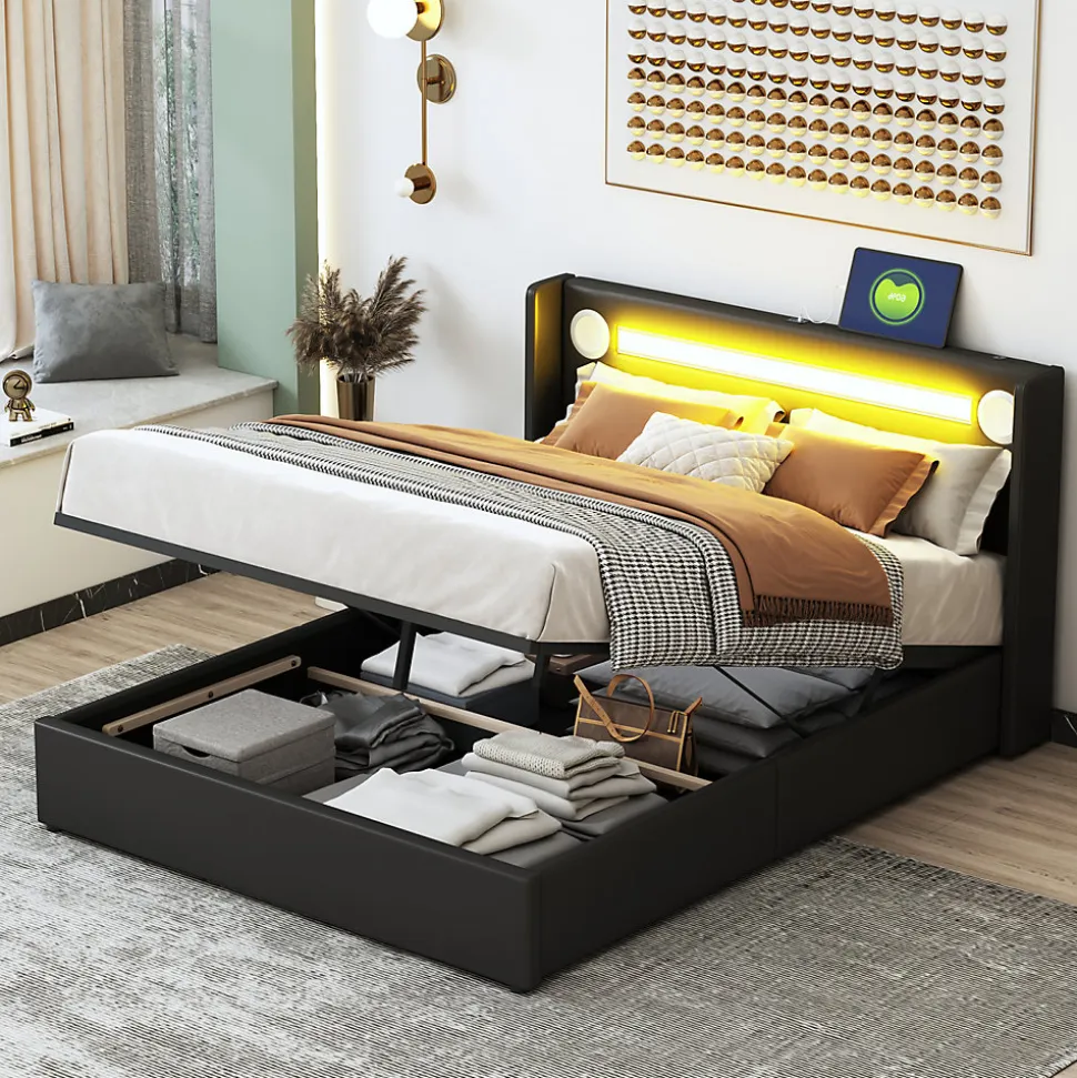 Lit double 140x200 cm en similicuir noir avec LED, lecteur Bluetooth, ports USB et rangement, lit pratique et moderne