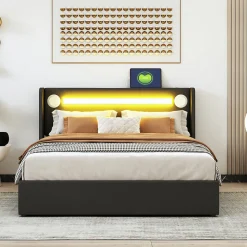 Lit double 140x200 cm en similicuir noir avec LED, lecteur Bluetooth, ports USB et rangement, lit pratique et moderne