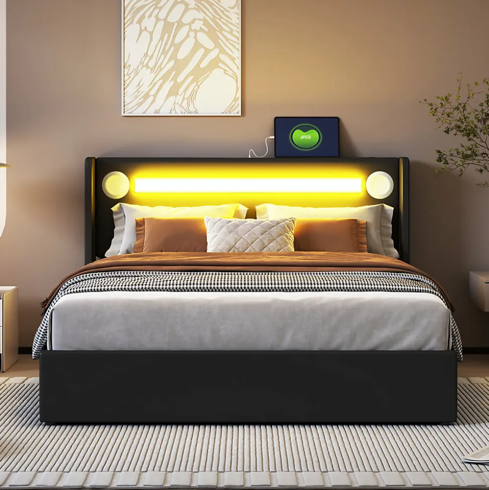 Lit double 140x200 cm en similicuir noir avec LED, lecteur Bluetooth, ports USB et rangement, lit pratique et moderne
