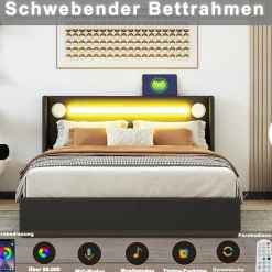 Lit double 140x200 cm en similicuir noir avec LED, lecteur Bluetooth, ports USB et rangement, lit pratique et moderne