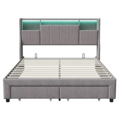 Lit double 140x200 cm en tissu lin gris, avec 2 tiroirs, tête de lit à poches latérales, rangements intégrés et éclairage LED