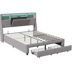 Lit double 140x200 cm en tissu lin gris, avec 2 tiroirs, tête de lit à poches latérales, rangements intégrés et éclairage LED