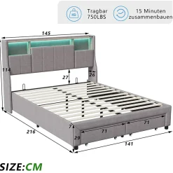 Lit double 140x200 cm en tissu lin gris, avec 2 tiroirs, tête de lit à poches latérales, rangements intégrés et éclairage LED