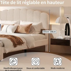 Lit double 160x200 cm en tissu teddy beige, Tiroirs de rangement au pied du lit et ports USB intégrés