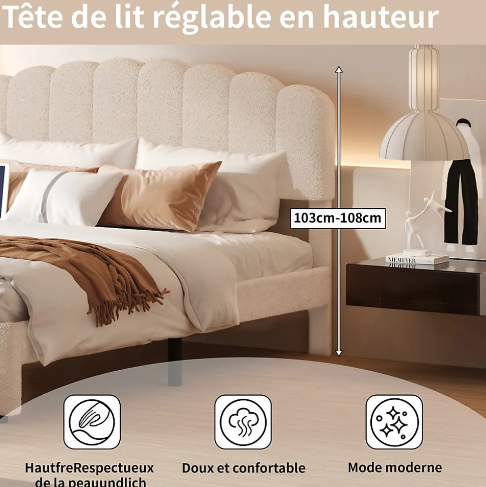 Lit double 160x200 cm en tissu teddy beige, Tiroirs de rangement au pied du lit et ports USB intégrés