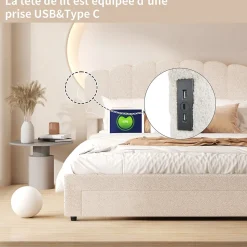 Lit double 160x200 cm en tissu teddy beige, Tiroirs de rangement au pied du lit et ports USB intégrés