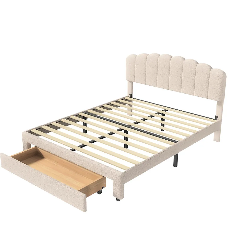 Lit double 160x200 cm en tissu teddy beige, Tiroirs de rangement au pied du lit et ports USB intégrés