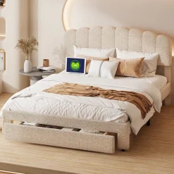 Lit double 140x200 cm en tissu teddy beige, Tiroirs de rangement au pied du lit et ports USB intégrés