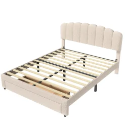 Lit double 140x200 cm en tissu teddy beige, Tiroirs de rangement au pied du lit et ports USB intégrés