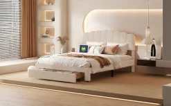 Lit double 140x200 cm en tissu teddy beige, Tiroirs de rangement au pied du lit et ports USB intégrés