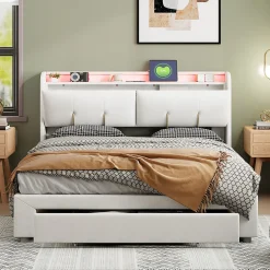 Lit double 160x200 cm en velours beige, avec rangement, LED et ports USB