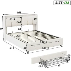 Lit double 160x200 cm en velours beige, avec rangement, LED et ports USB