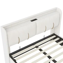 Lit double 160x200 cm en velours beige, avec rangement, LED et ports USB