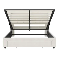 Lit double 160x200 cm en velours beige, avec rangement, LED et ports USB