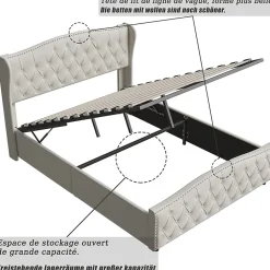 Lit double 140x200 cm en velours blanc cassé avec clous décoratifs, motif ondulé, sommier à lattes et rangement