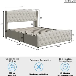 Lit double 140x200 cm en velours blanc cassé avec clous décoratifs, motif ondulé, sommier à lattes et rangement