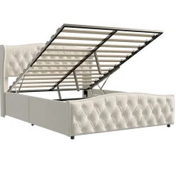 Lit double 140x200 cm en velours blanc cassé avec clous décoratifs, motif ondulé, sommier à lattes et rangement