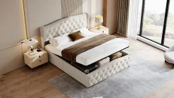 Lit double 140x200 cm en velours blanc cassé avec clous décoratifs, motif ondulé, sommier à lattes et rangement