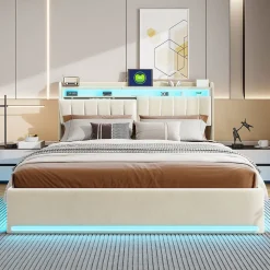 Lit double 160x200 cm en velours beige avec éclairage LED RGB, ports USB & Type-C, tête de lit avec rangement et 4 tiroirs